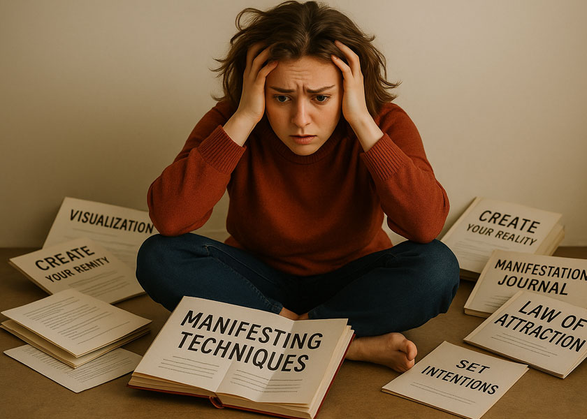 Person overwhelmed by manifesting techniques and journal pages scattered around