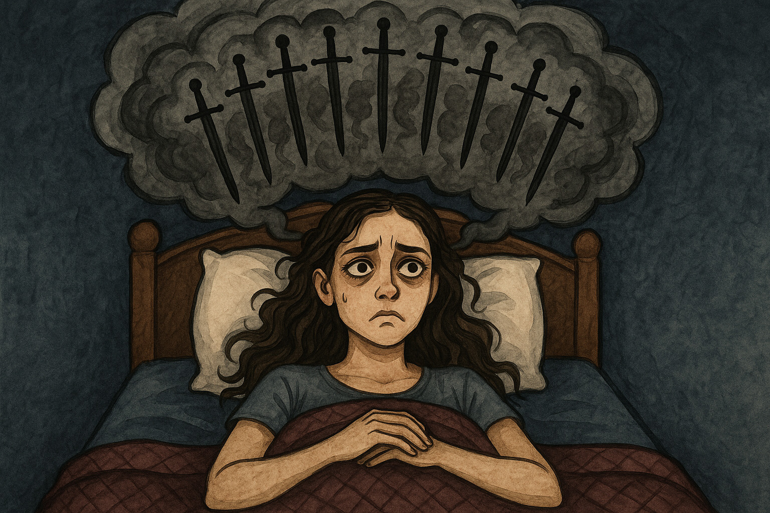Person lying awake in bed with worried thoughts swirling above their head, representing 9 of Swords energy