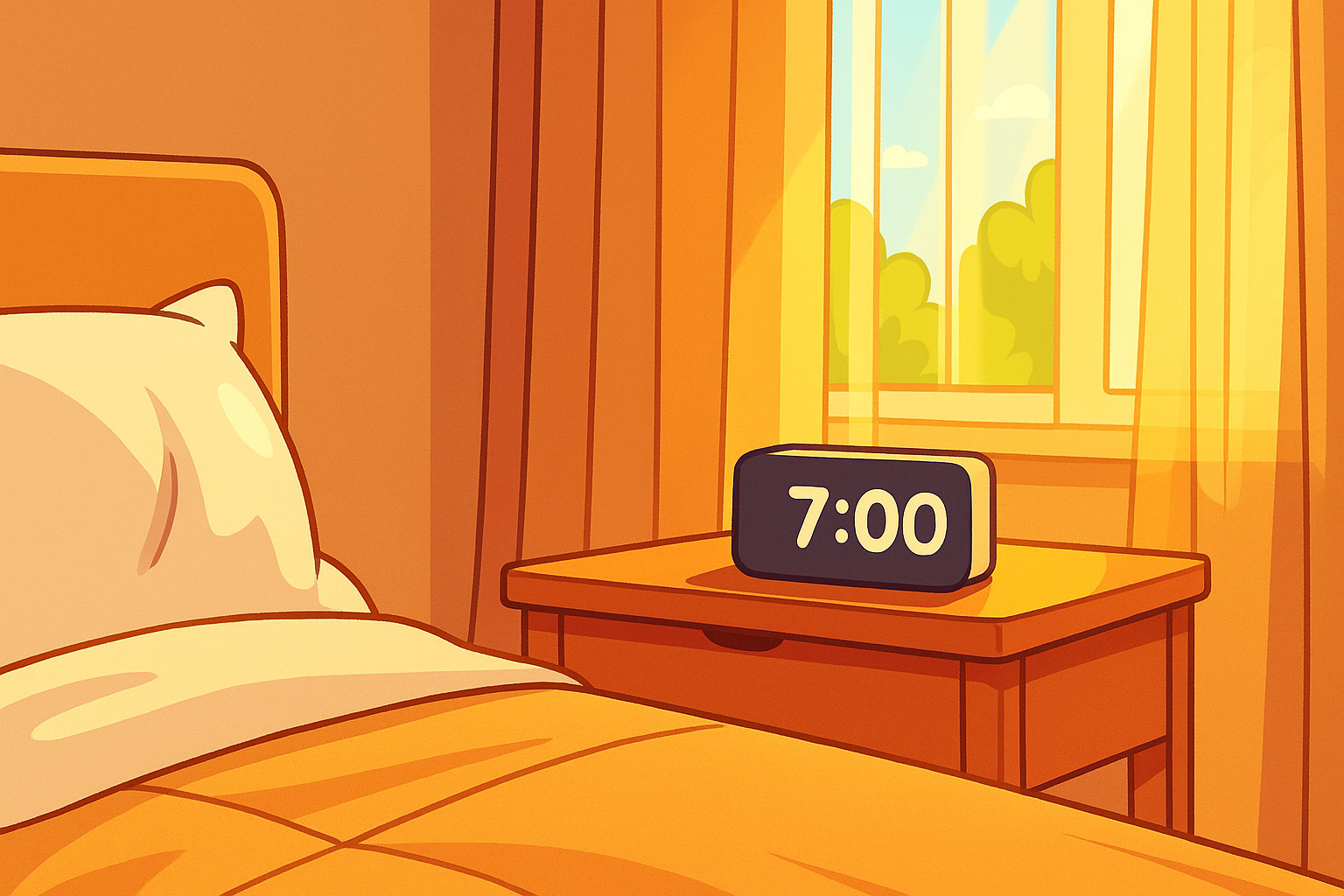 Peaceful morning scene with clock showing 7:00 and gentle sunlight streaming through window